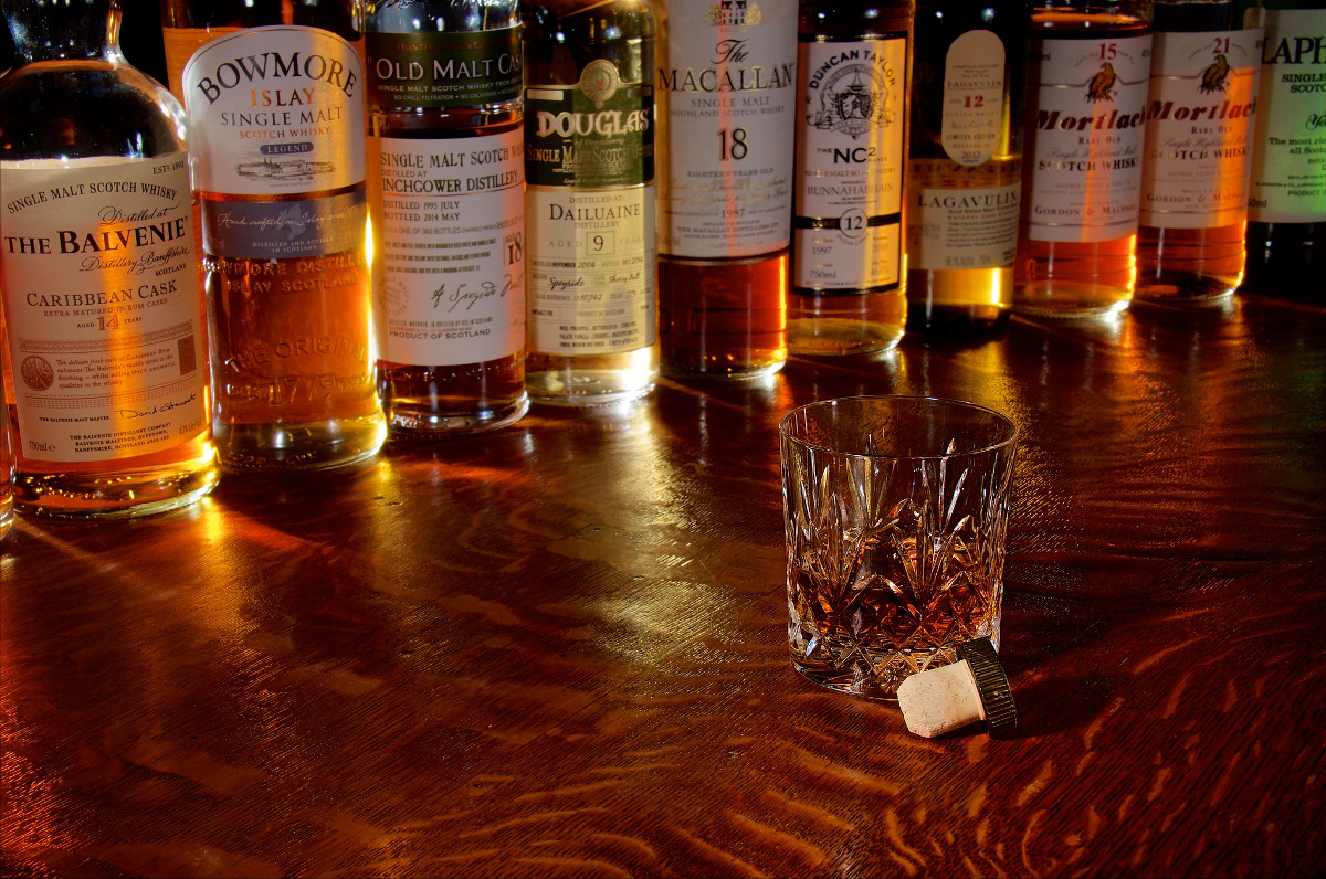 Whisky bottles and glass